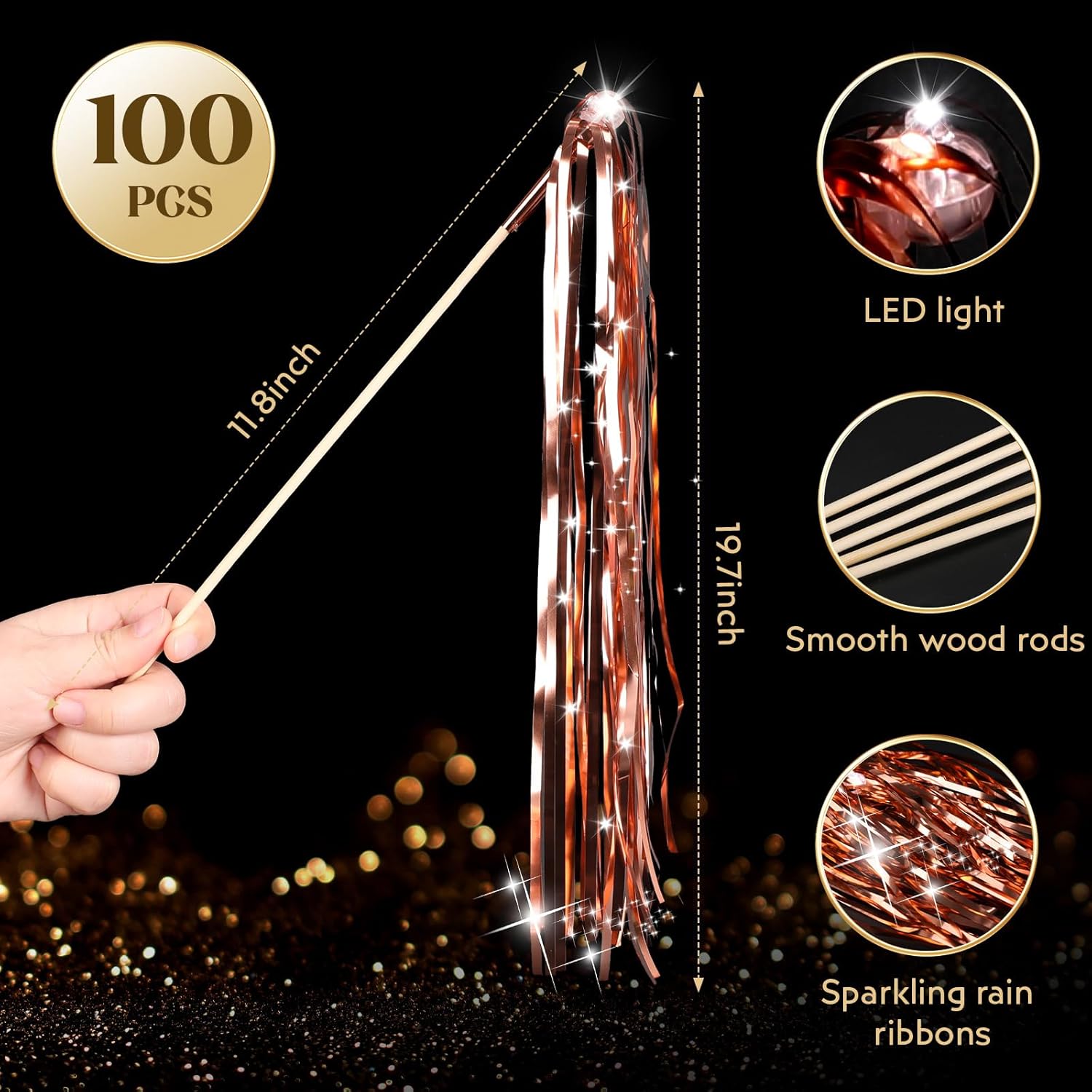 100 pcs Wedding Wands Light up with LED Tinsel Wedding Streamers for Wedding Send off and Greeting Ideal Props for Weddings, Birthday Parties, Christmas Cheerleading Games (Rose Gold)