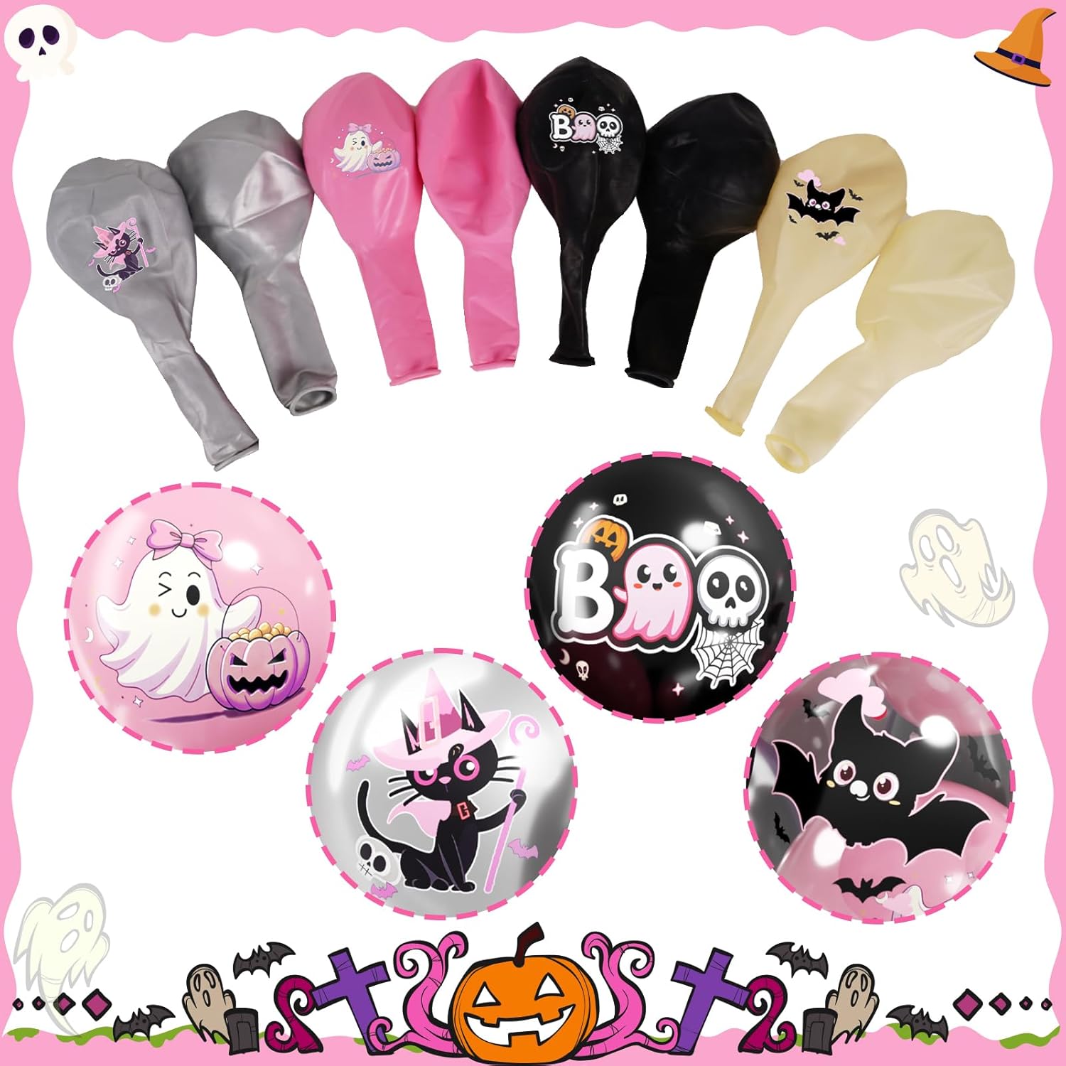 Halloween Party Balloons Decorations,12 Inch Pink and Black Balloons Set Pink Silver Print Balloon Cute Balloon for Halloween Themed Party Supplies