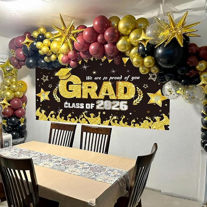 Black Burgundy Gold Balloons Arch Kit, Maroon Black Gold Balloons Arch Garland, 98Pcs Black Red Metallic Gold Balloons with Stars Balloon for Birthdays Retirement Graduation Celebrations Class of 2025