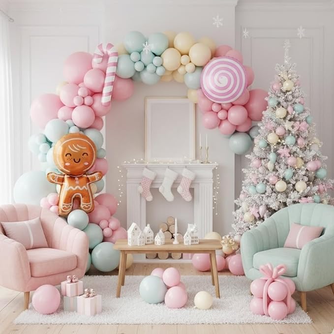 Christmas Balloon Arch Kit, Pink Green Ivory White Balloons with Gingerbread Man Candy Lollipop Foil Balloons for Christmas Party Decorations New Year Party Supplies