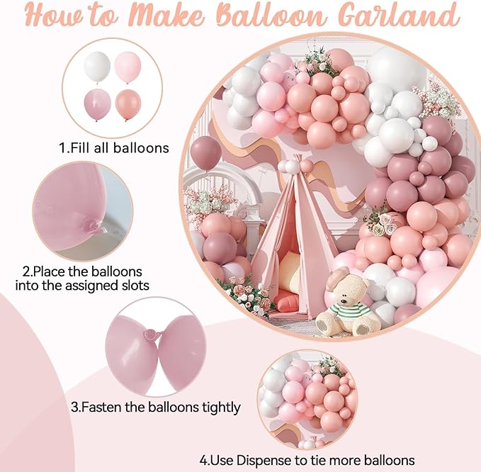 Dusty Pink Balloon Arch Kit, 122Pcs Dusty Pink Rose Pink Light White Balloons for Girls Boho Birthday Bridal Wedding Engagement Pearl Baby Shower Anniversary Party Decorations