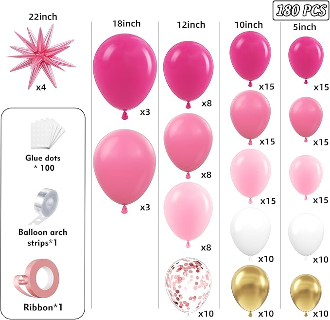 Hot Pink Balloons Garland Arch Kit 180pcs with Star - 22 18 12 10 5in Different Size Shades of Pink White and Gold Balloons for Valentine's Day Birthday Baby Shower Wedding Party Decorations