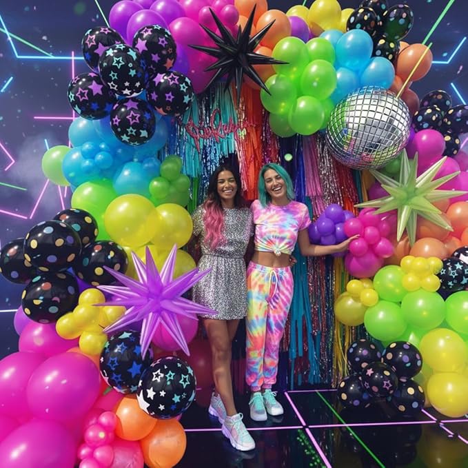 200Pcs Neon Balloons Arch Garland Kit with Glow in the Dark Balloons, Neon Balloons Arch Kit for Back to 80s 90s DISCO Birthday Party Decorations, Let's Glow Party, Rock Roll Party Supplies