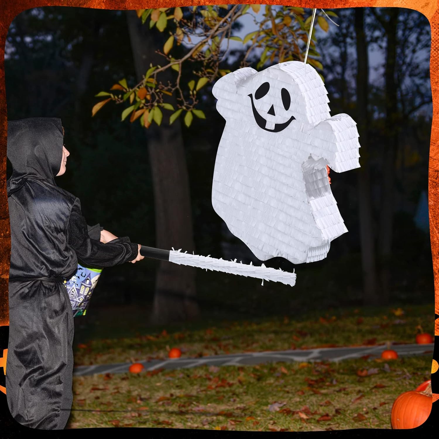 Aoriher Halloween Ghost Piñata Spooky White Ghost Piñata with Stick and Blindfold Halloween Hanging Decoration Mexican Piñata for Birthday Game Halloween Party Supplies