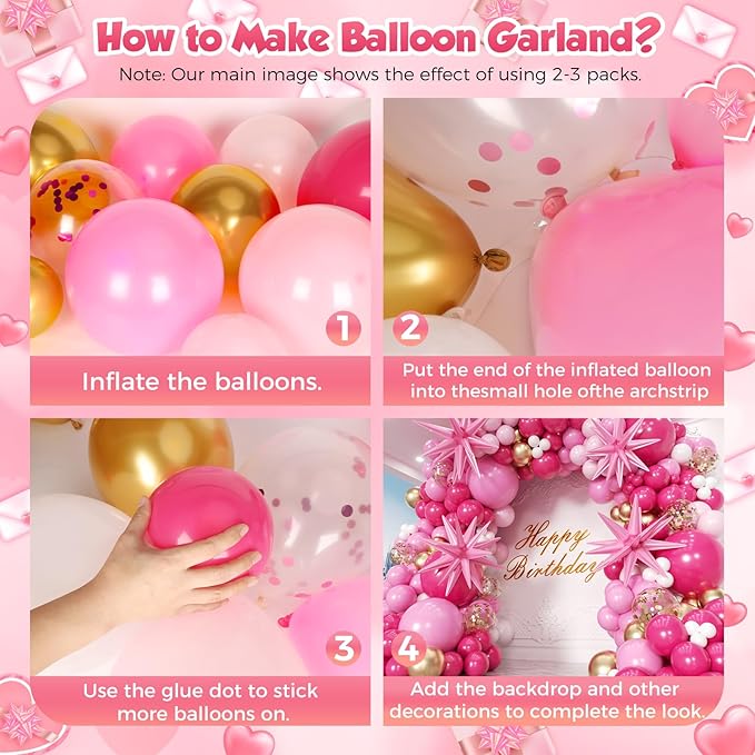 Hot Pink Balloons Garland Arch Kit 180pcs with Star - 22 18 12 10 5in Different Size Shades of Pink White and Gold Balloons for Valentine's Day Birthday Baby Shower Wedding Party Decorations