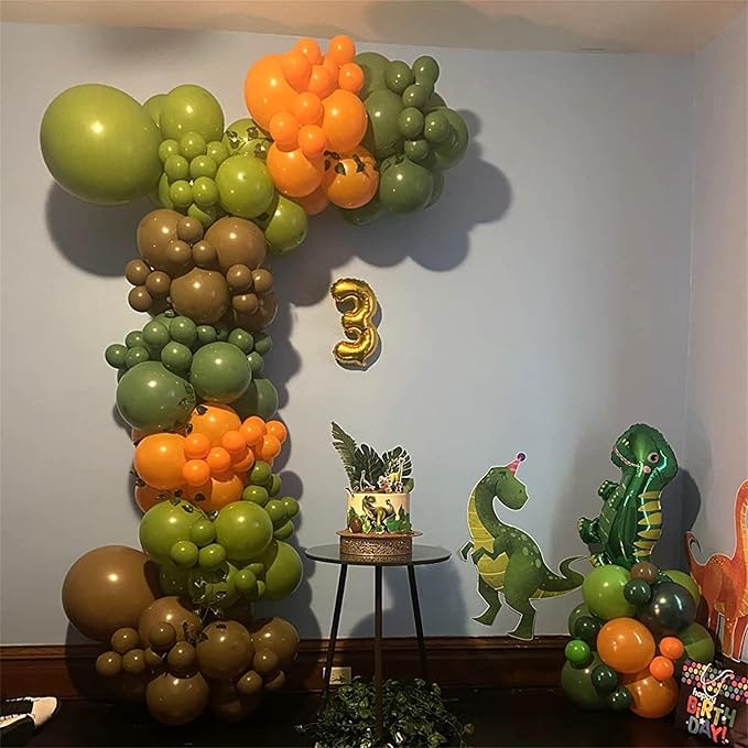 113 PCS Dinosaur Balloons Garland Arch Kit, Sage Green Orange Brown Balloons Arch Kit for Kids, Dinosaur Themed Birthday Party Decorations for Jungle Safari Dino Birthday Baby Shower Party Supplies