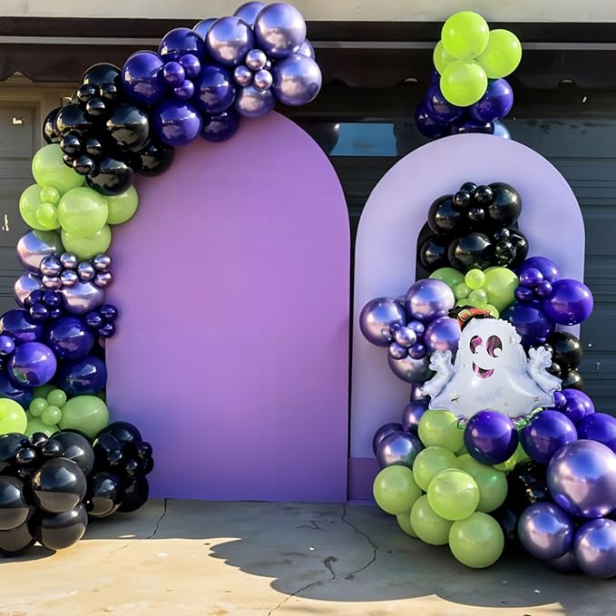 Halloween Balloon Arch Garland Kit, Black Green Purple Metallic Confetti Ghost Witch Foil Balloons with 3D Bat Stickers for Halloween Baby Shower Party Decorations Cosplay Theme Party