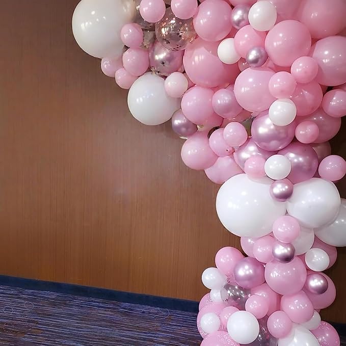 Pink and White Balloon Arch Kit, Pastel Pink Metallic Pink Pearl White Balloons Garland with Clear Balloons Explosion Star Foil Balloons for Girls Birthday Valentine's Day Princess Party Decorations