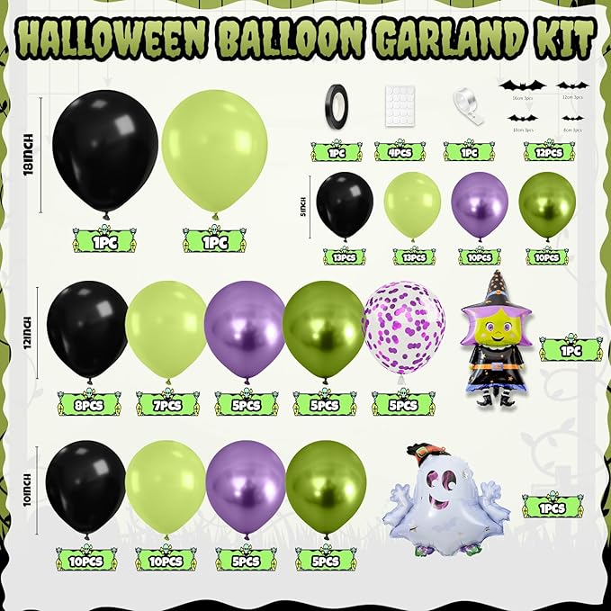 Halloween Balloon Arch Garland Kit, Black Green Purple Metallic Confetti Ghost Witch Foil Balloons with 3D Bat Stickers for Halloween Baby Shower Party Decorations Cosplay Theme Party
