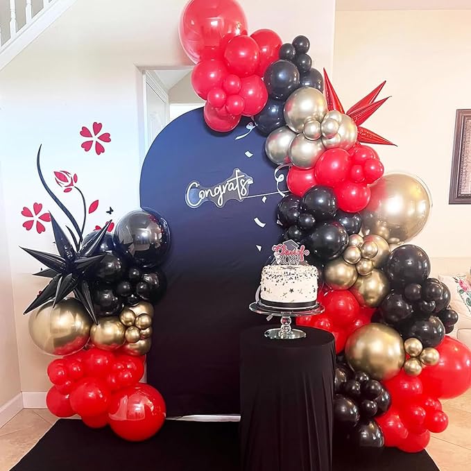 DBKL Red Black Gold Balloons Garland Arch Kit with Red Black and Gold Confetti Explosion Star Balloons for Graduation Birthday Casino Night Hollywood New Years Party Decorations