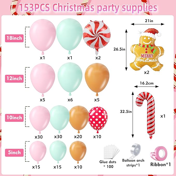 153Pcs Christmas Balloon Arch Garland Kit Xmas Pastel Pink Green Brown Latex Balloons Gingerbread Man Candy Cane Foil Balloons Arch Kit for Christmas New Year Party Birthday Party Decorations