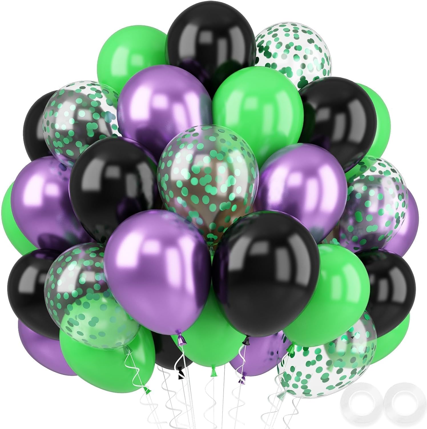 Purple and Green Balloons, 52 PCS 12 Inch Metallic Chrome Purple Light Green Black Latex Balloons with Black Green Confetti Balloons for Boys Girls Birthday Party Baby Shower Decorations