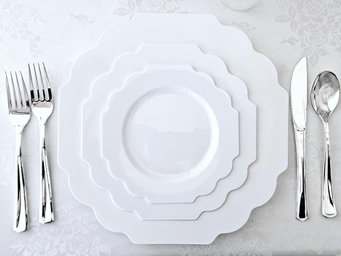 " OCCASIONS " 240 Plates Pack (120 Guests) Heavyweight Wedding Party Disposable Plastic Plates Set -120 x 10.5'' Dinner + 120 x 8'' Salad/Dessert Plate (Imperial White)
