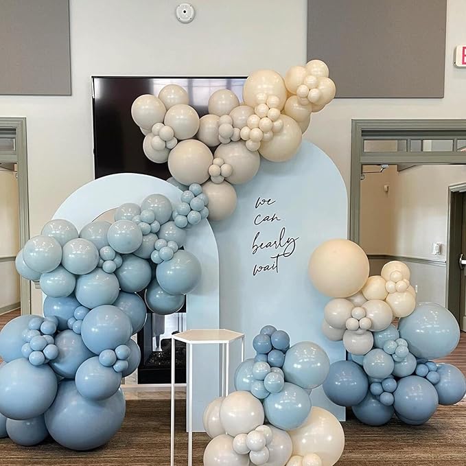 Dusty Baby Blue Balloon Arch Kit, Blue Beige Balloons Garland Slate Fog Baby Blue Ivory White Balloons with 3PCS 18Inch Clear Balloons for Men Boy Baby Shower Christening Birthday Party Decorations