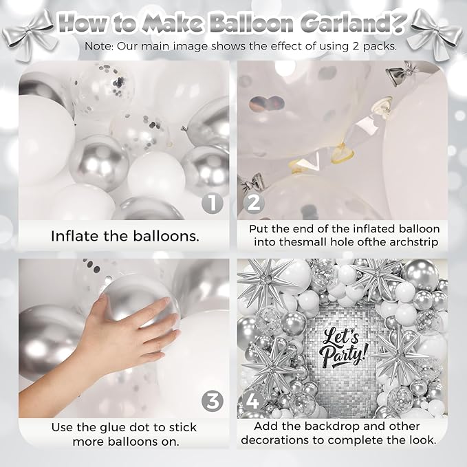 153Pcs White and Silver Balloons Garland Arch Kit with Stars - 22 18 12 10 5 inch Different Size White Metallic Silver Confetti Latex Balloon for Birthday Baby Shower Wedding Party Decorations