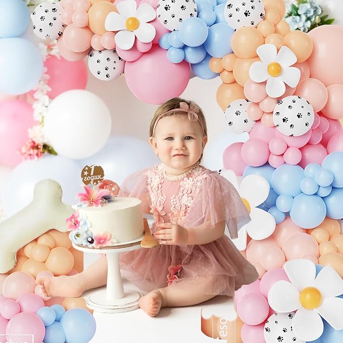 190Pcs Blue Balloon Garland Arch Kit,Dog Paw Birthday Party Decorations,Pastel Pink Blue Daisy Sunflower Balloons with Bone Foil Balloons for Boys Girls Baby Shower Blue Puppy Party Decorations