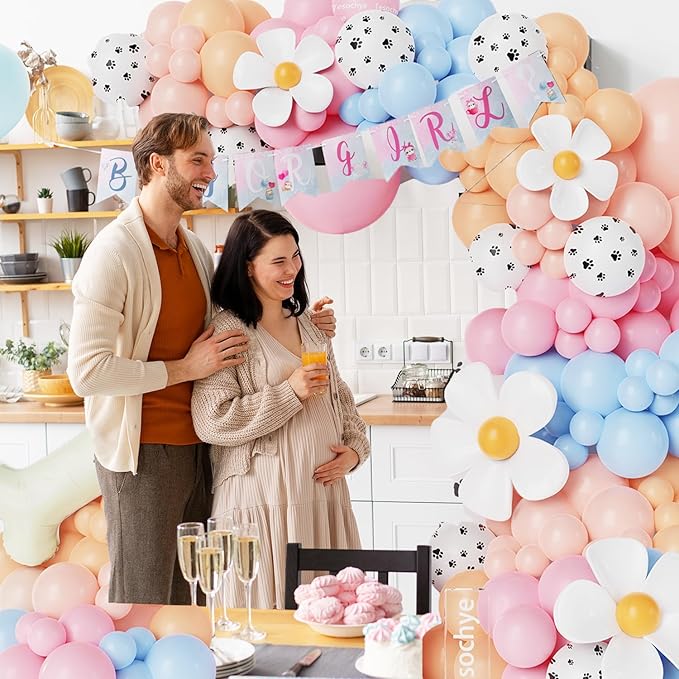 190Pcs Blue Balloon Garland Arch Kit,Dog Paw Birthday Party Decorations,Pastel Pink Blue Daisy Sunflower Balloons with Bone Foil Balloons for Boys Girls Baby Shower Blue Puppy Party Decorations