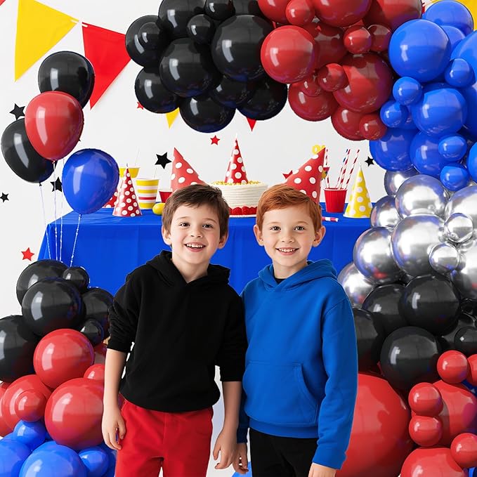 Red Blue Black Balloon Arch Kit, Royal Blue Red Black Garland Kit with Metallic Silver Latex Balloon for Theme Party Boys Kids Birthday Baby Shower Graduation Baseball Party Decorations