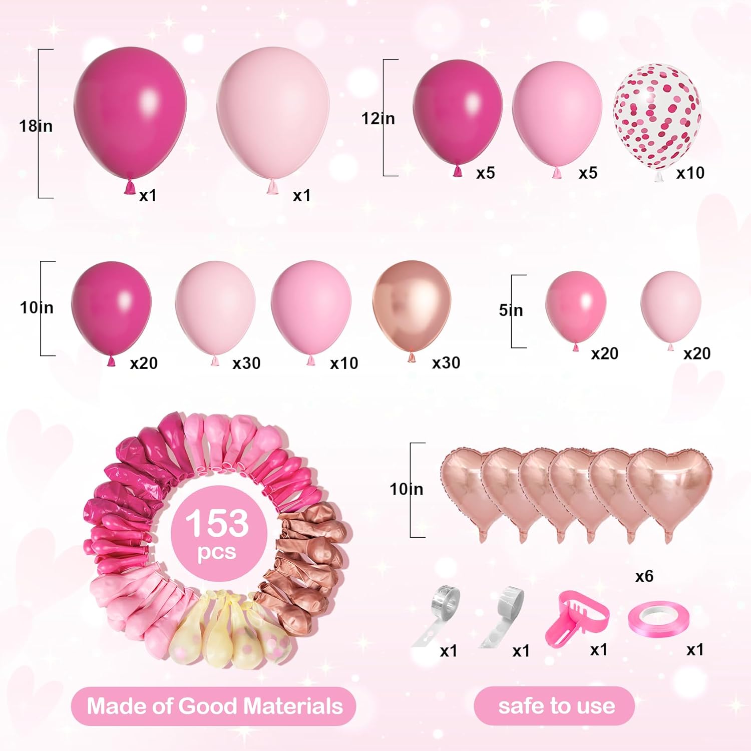 Amandir 153pcs Pink Balloon Garland Arch Kit, Different Sizes 18 12 10 5 inch Hot Pink Latex Metallic Confetti Rose Gold Balloons for Birthday Baby Shower Wedding Party Decorations