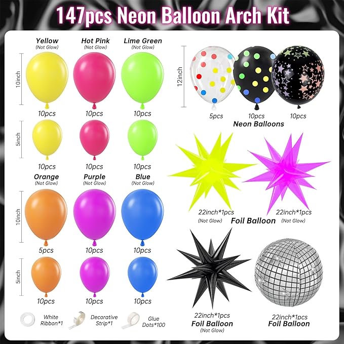 147pcs Neon Balloon Arch Kit, Neon Party Decorations with Yellow Hot Pink Lime Green Orange Blue Neon Balloons for Back to 80S 90S Glow in the Dark Birthday Decorations