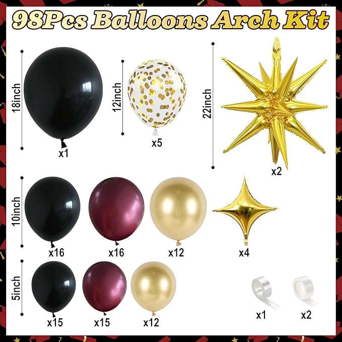 Black Burgundy Gold Balloons Arch Kit, Maroon Black Gold Balloons Arch Garland, 98Pcs Black Red Metallic Gold Balloons with Stars Balloon for Birthdays Retirement Graduation Celebrations Class of 2025