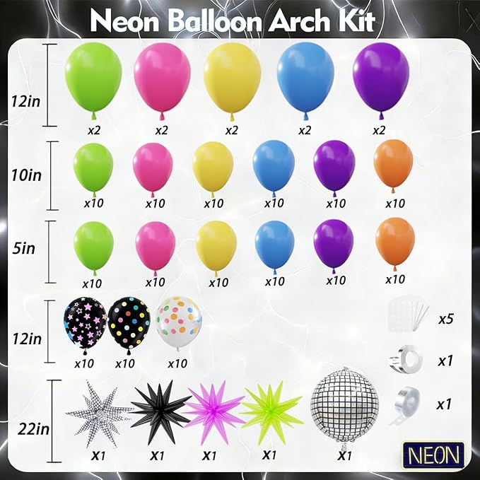 Neon Balloons Arch Garland Kit with Yellow Hot Pink Lime Green Orange Blue Neon Balloons for Back to 80s 90s Disco Birthday Party Decorations, Let's Glow Party, Rock Roll Party Supplies