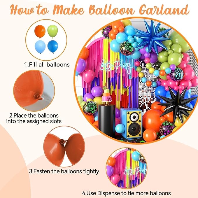 Neon Balloon Arch Kit, 122Pcs Bright Orange Green Blue Hot Pink Yellow Purple Black Rainbow Balloons with Foil Star Balloons for 80s 90s Neon Party Rainbow Birthday Decorations Disco Party Backdrop
