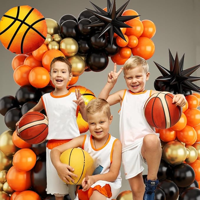 Basketball Balloon Arch Kit, 108Pcs Black Orange and Metallic Gold Balloon Garland Kit with Black Explosion Star and Basketball Foil Balloons 18 10 5 Inch for Boys Men Birthday Party Supplies