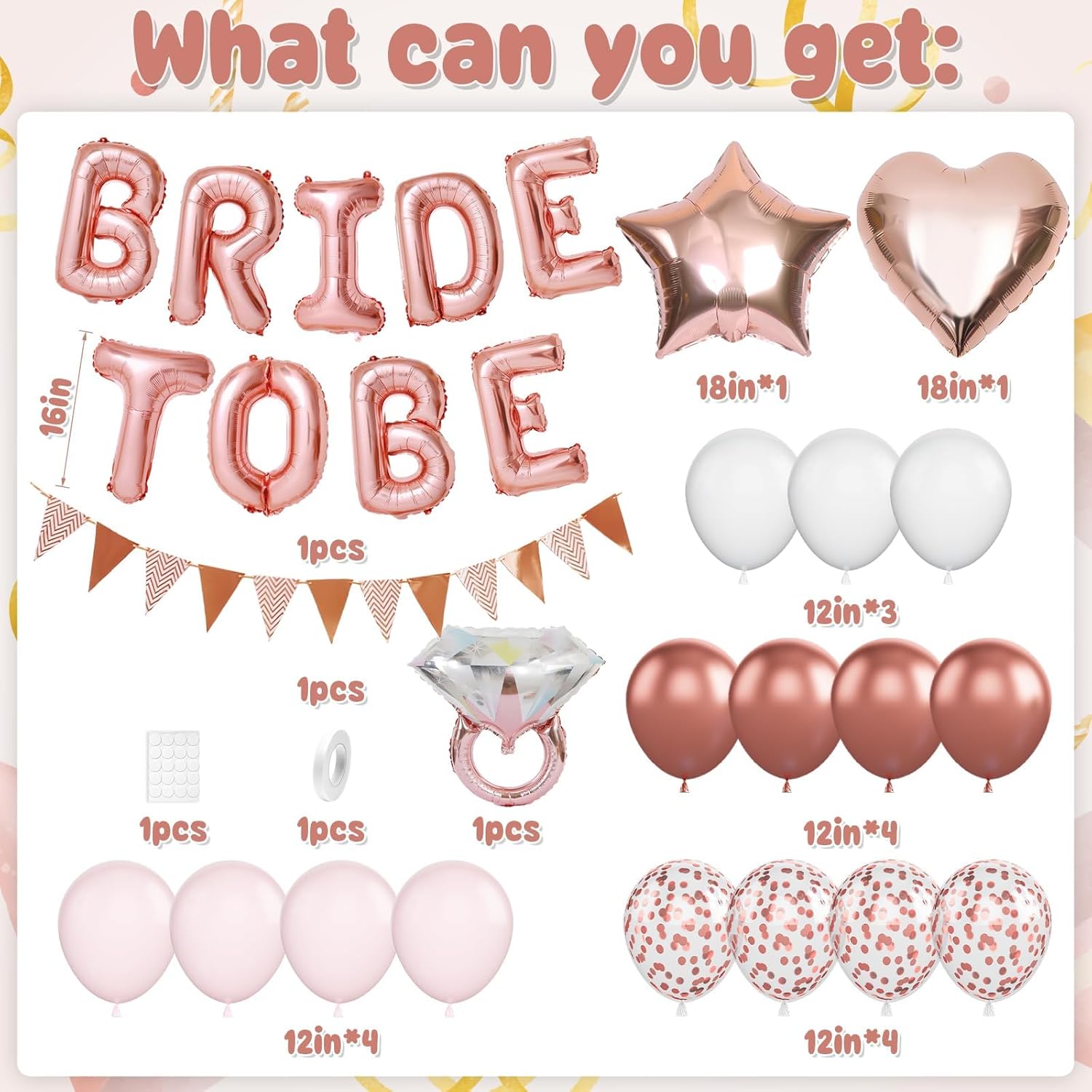 Rose Gold Bachelorette Party Decorations, Bride To Be Bridal Shower Balloons Decorations, Pink White Rose Gold Confetti Balloons and Diamond Ring Star Heart Balloon for Bachelorette Engagement Wedding