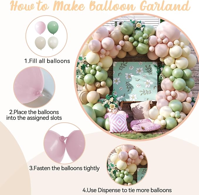 Pink and Green Balloon Arch Garland Kit, 122Pcs Ivory Sand White Dusty Pink Sage Green Spring Balloons for Women Girl Boho Bridal Wedding Baby Shower Engagement Birthday Party Decorations