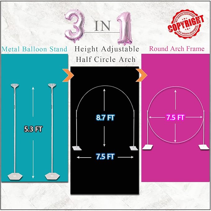 Balloon Arch Stand, 7.5ft Large Round Backdrop Frame, Adjustable Half Circle Arch, 2 set Reusable Metal Ballon Column Kit with Base 3IN1 for Birthday, Wedding, Graduation, Shower Party