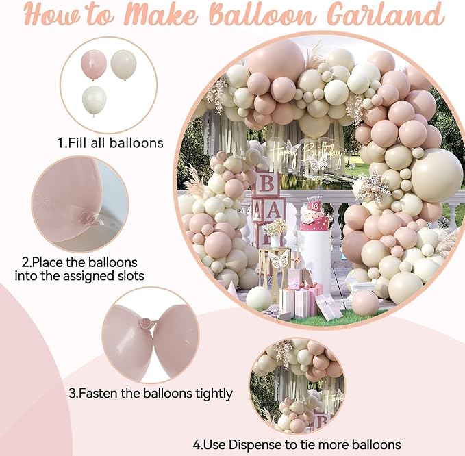 Dusty Pink Balloon Arch Kit, 122Pcs Dusty Pink Ivory Sand White Matte Balloons for Girls Boho Birthday Bridal Wedding Engagement Neutral Baby Shower Anniversary Party Decorations