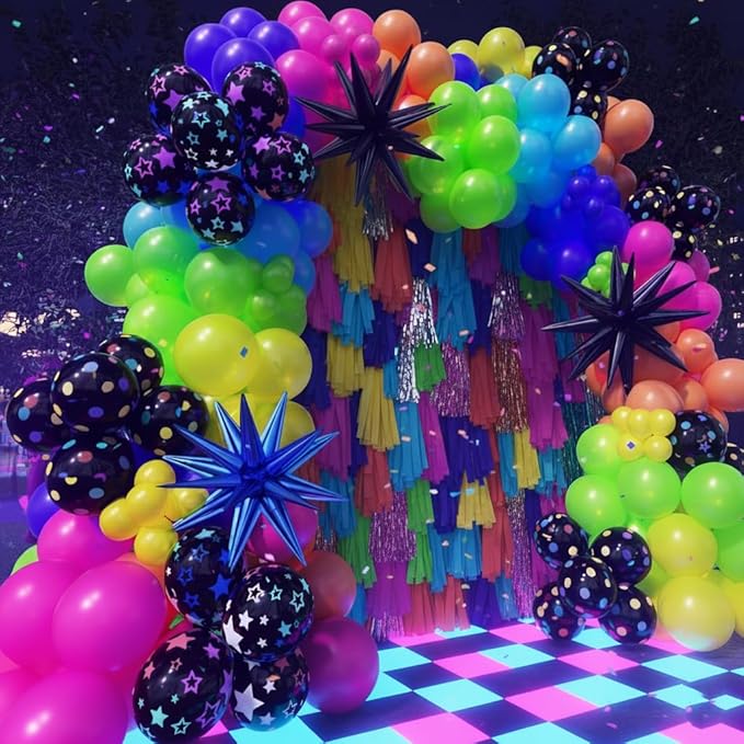 185Pcs Neon Balloons Arch Garland Kit with Glow in the Dark Balloons, Neon Balloons Arch Kit for Back to 80s 90s DISCO Birthday Party Decorations, Let's Glow Party, Rock Roll Party Supplies
