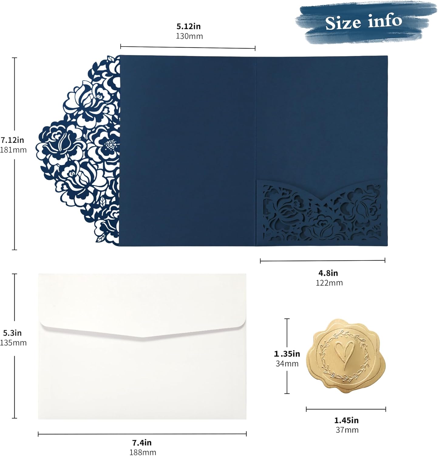 DORIS HOME 50pcs Laser Cut Wedding Invitation Pockets with Envelopes Blue, 5.12" x 7.12"Invitation Cards for Wedding, Anniversary (No Inserts Included)