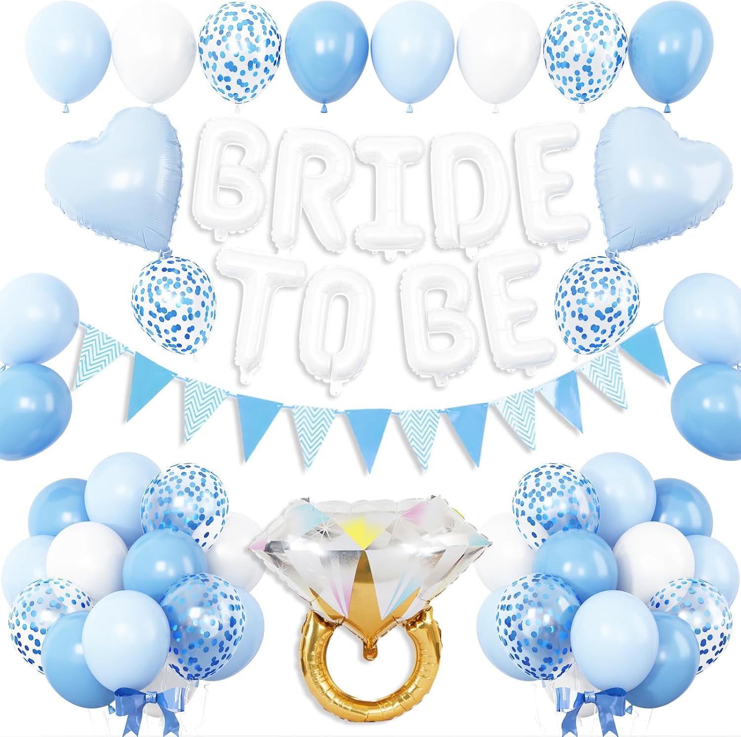 Blue White Bachelorette Party Decorations, White Bride To Be Bridal Shower Balloons Decorations, Blue Confetti Balloons with Diamond Ring Baby Blue Heart Balloon for Bachelorette Engagement Wedding