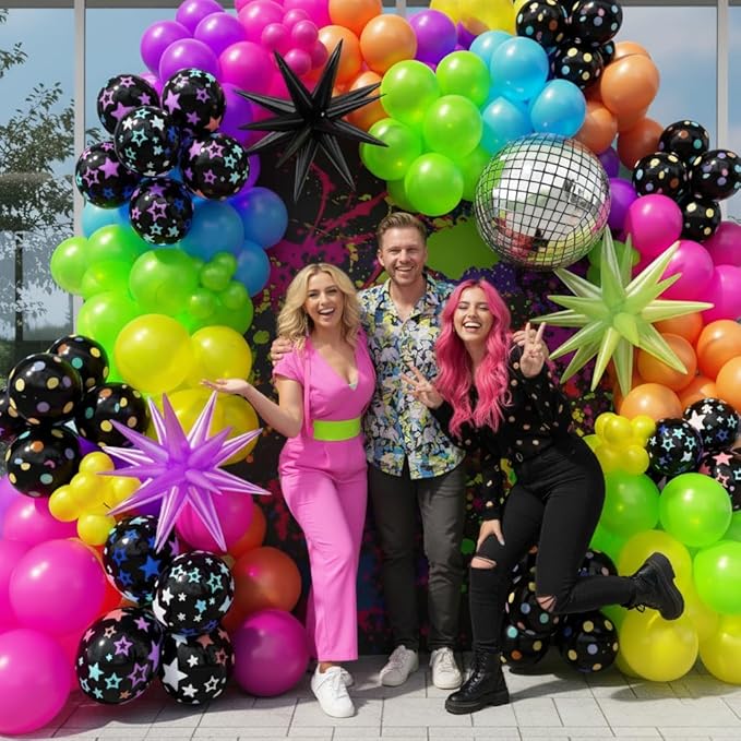 200Pcs Neon Balloons Arch Garland Kit with Glow in the Dark Balloons, Neon Balloons Arch Kit for Back to 80s 90s DISCO Birthday Party Decorations, Let's Glow Party, Rock Roll Party Supplies