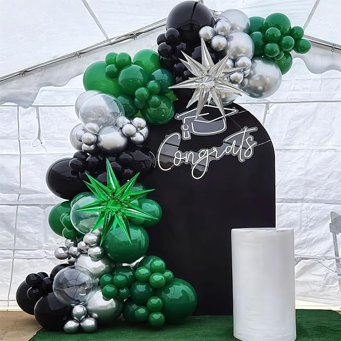Black and Green Silver Balloon Arch Kit with Explosion Star Balloons, 105pcs Emerald Forst Green and Chrome Metallic Silver Balloons Garland for Wedding Birthday Football Graduation Party Decorations