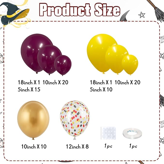 Magic Wizard School Party Decorations, Burgundy Yellow Gold Confetti Harry Magic Fall Balloon Garland Kit, Dark Wine Red Maroon Yellow Potter Balloon Arch for Kid Autumn Birthday Theme Party Supplies