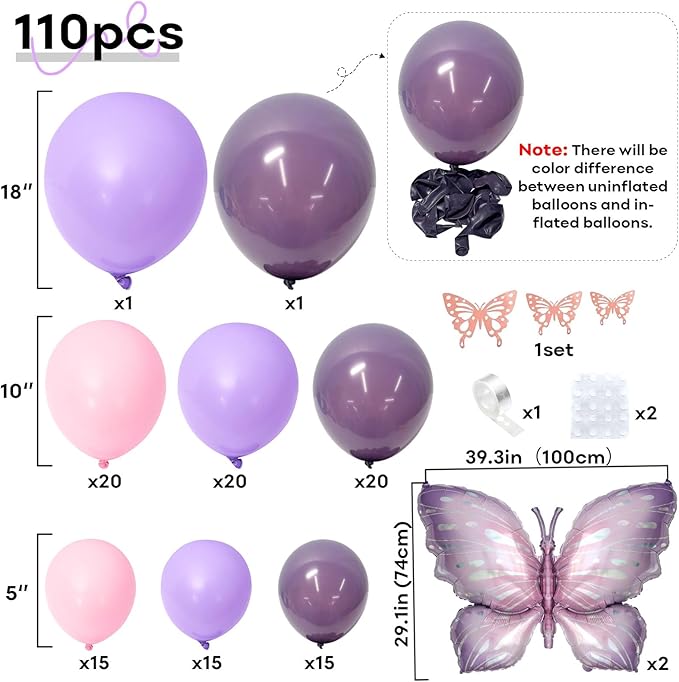 Butterfly Balloons Garland Arch Kit, 110pcs Purple Pink Balloon Arch Kit 18/10/5 Inch Lavender Maca Pink Balloon with Butterfly Sticker for Girl Women Birthday Baby Shower