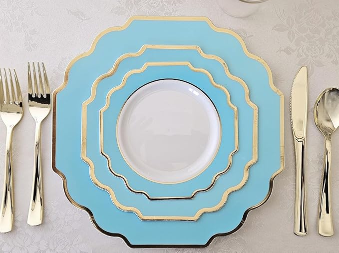 " OCCASIONS " 240 Plates Pack (120 Guests) Heavyweight Wedding Party Disposable Plastic Plates Set -120 x 10.5'' Dinner + 120 x 8'' Salad/Dessert Plate (Imperial Aqua/Gold)