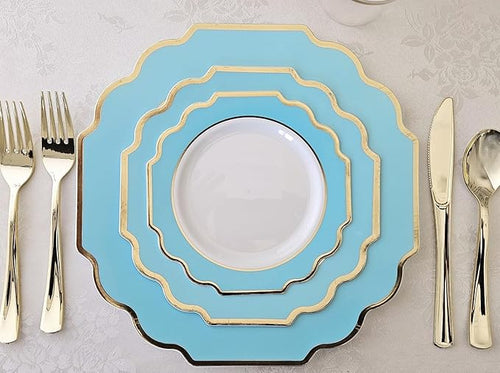 " OCCASIONS " 240 Plates Pack (120 Guests) Heavyweight Wedding Party Disposable Plastic Plates Set -120 x 10.5'' Dinner + 120 x 8'' Salad/Dessert Plate (Imperial Aqua/Gold)