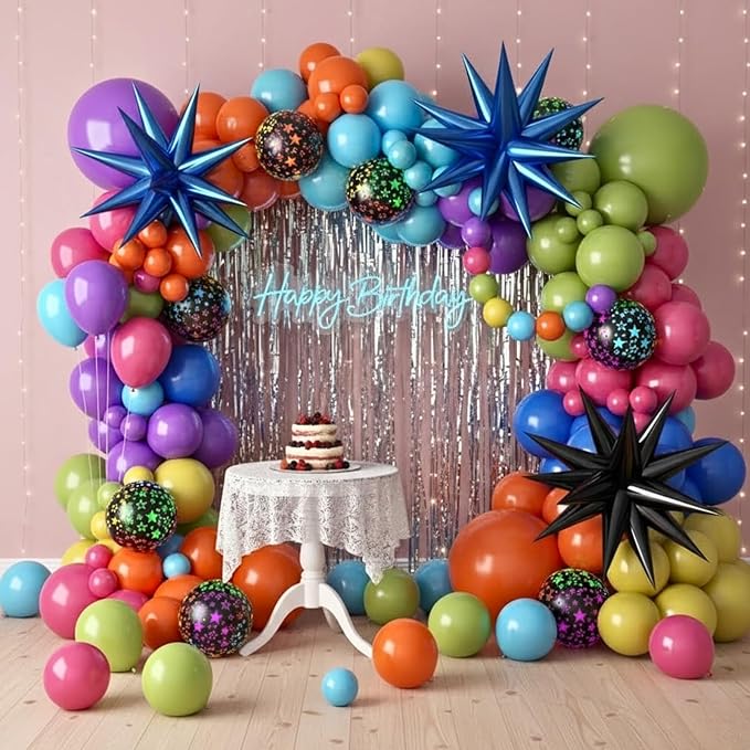 Neon Balloon Arch Kit, 122Pcs Bright Orange Green Blue Hot Pink Yellow Purple Black Rainbow Balloons with Foil Star Balloons for 80s 90s Neon Party Rainbow Birthday Decorations Disco Party Backdrop