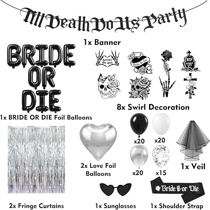 Bride or Die Bachelorette Party Decorations 100pcs with Till Death Do Us Party Banner Balloons, Swirl Fringe Curtains Shoulder Strap Veil for Til Death Do Us Party Bachelorette Party Supplies