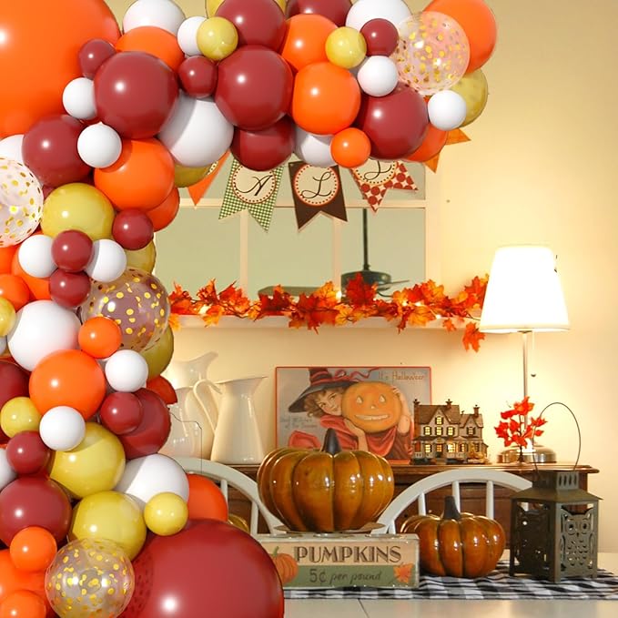 Fall Balloons Arch Garland Kit, Orange Burgundy Gold Confetti Fall Party Balloons, for Halloween Falls Birthday Party Little Pumpkin Baby Shower Decorations Autumn Thanksgiving Friendsgiving Supplies