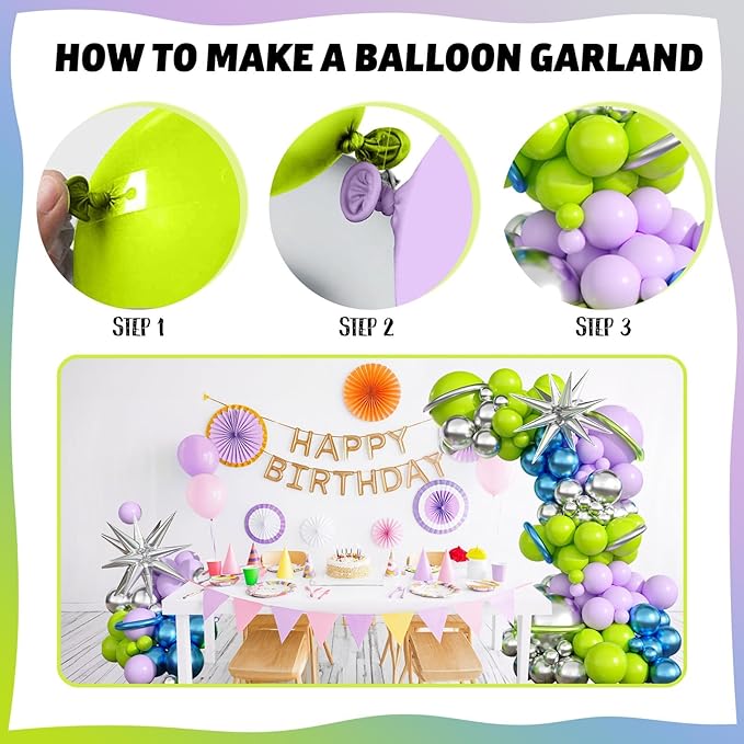 117PCS Purple Green Balloon Garland Kit, Space Birthday Decorations Lime Green Purple Metallic Blue Silver Balloons with Star Balloon Arch for Kids Boys Monster Toy Theme Baby Showr Party Decor