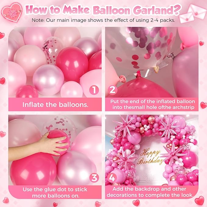 Pink Balloons Garland Arch Kit 163pcs with Star, Hot Pink Metallic Pink Shades of Pink Valentine's Day Balloons for Birthday Wedding Princess Theme Engagements Baby Shower Party Decorations