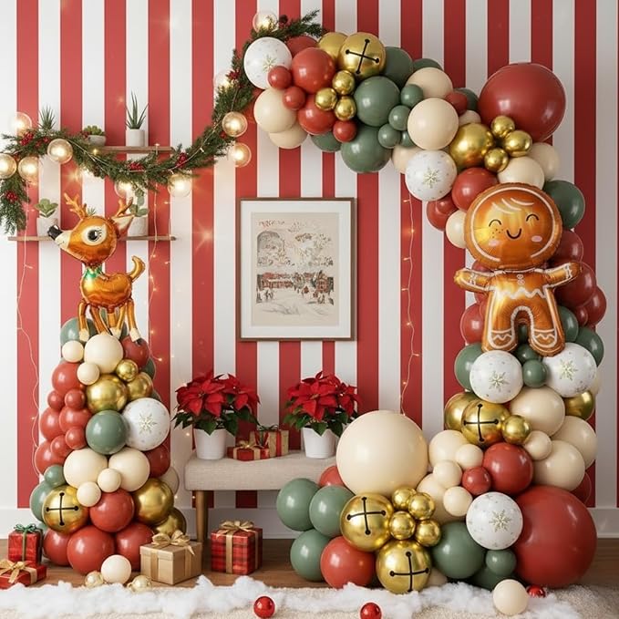 Christmas Balloon Arch Kit, Green Retro Pink Orange Sage Green Metallic Gold Balloons with Santa Candy Lollipop Foil Balloons for Christmas Party Xmas Eve New Year Holiday Party Decorations