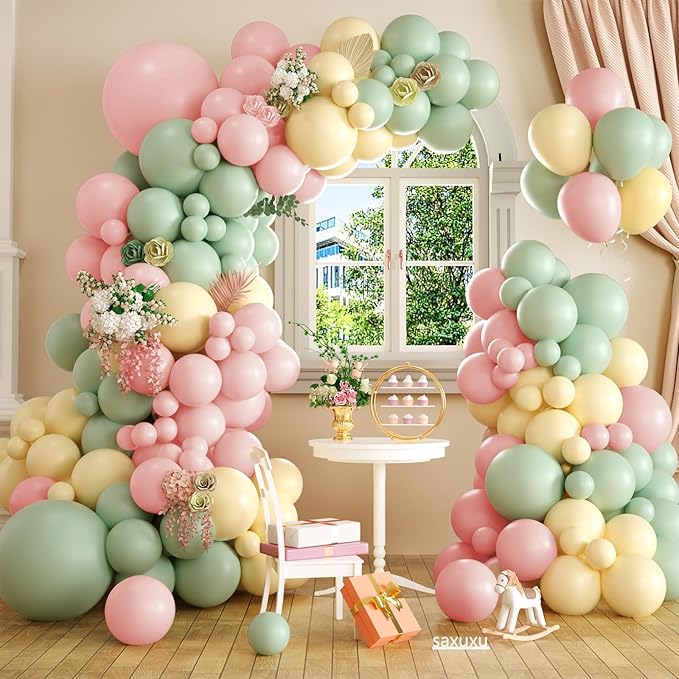 Pink and Green Balloon Arch Kit, 122Pcs Dusty Green Macaron Pink Yellow Matte Balloons for Girls Flower Birthday Bridal Wedding Engagement Floral Baby Shower Anniversary Tea Party Decorations