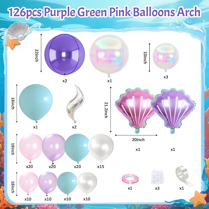 Mermaid Balloon Garland Arch Set, Purple Teal Blue Pink Clear Latex Balloons with 22'' 4D Iridescent Round Foil Balloons, Seashell Foil Balloon for Kids Birthdays Under the Sea Party Pack of 126