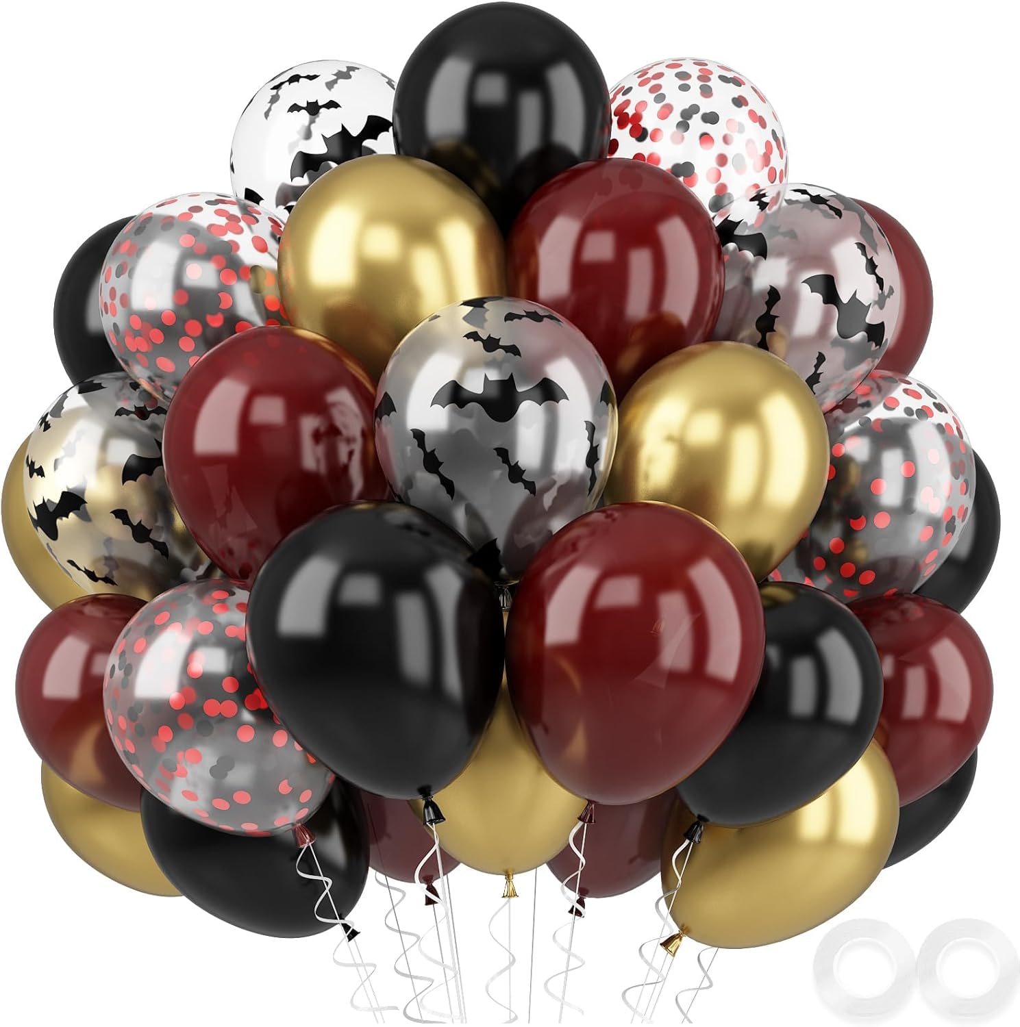 Black Burgundy Balloons, 52 PCS Burgundy Gold Balloons, 12 Inch Red Black Latex Balloon with Confetti Bat Printed Balloon for Kids Party Decorations